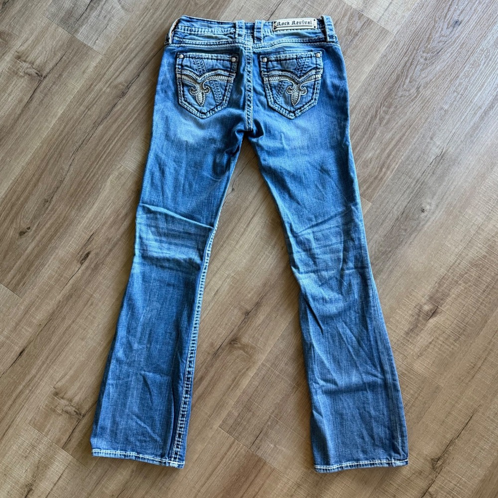 Rock Revival Uriel Bootcut Jeans Medium Wash Embellished Size 27 Low Rise Denim